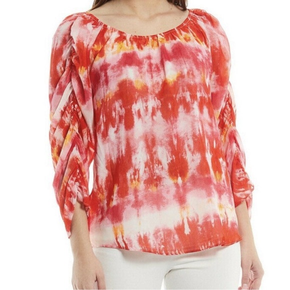 Calvin Klein Cinched Sleeve Chiffon Tie Dye Top Ginger Combo Sz L - Picture 1 of 11